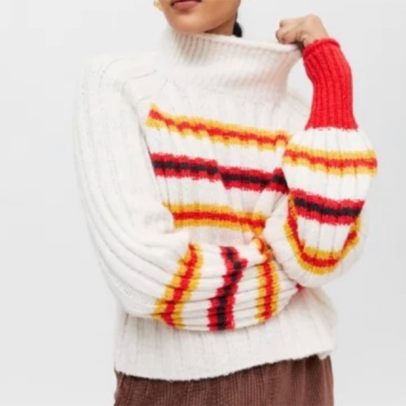 BDG Ribbed Knit Yellow & Red Striped Turtleneck Sweater Size XS - Picture 2 of 10